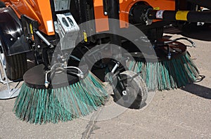 Street sweeper machine fow washing and cleaning asphalt road. Street cleaning.