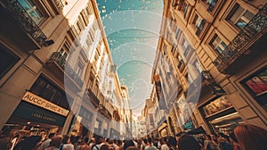 Street Symphony: A Captivating Low Angle View of a Vibrant Pedestrian Zone