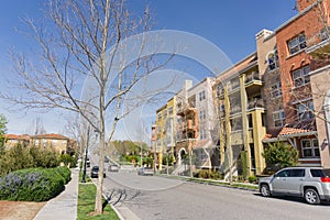 Street on telecommunication hill, residential multifamily buildings on the side of the road; San Jose, California