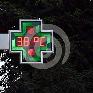 Street thermometer marking 38 degrees
