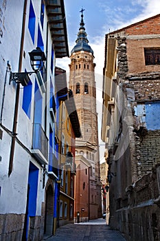 A street of the town of Calatayud, and in the background you can see one of the highest muderes towers photo