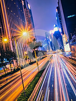 Street traffic in Hong Kong at night