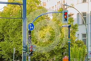 Street traffic lights for road vehicles and tram in the city of