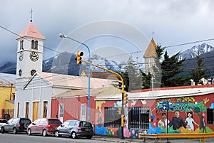 Street Ushuaia with 2 churches, Graffiti wall, Argentina