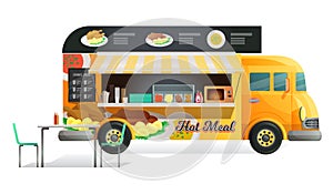 Street van, shop truck with stall, counter with hoat meall.