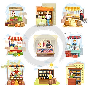 Street vendor booth and farm market food counters vector flat cartoon icons set