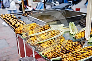 A street vendor roasts corn on a charcoal grill in Istanbul, Turkey. Misir, a popular Turkish street food, is freshly