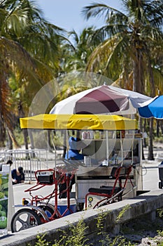 A street vendor selling food at the beach surrounded by lush green palm trees and plants with blue sky at Crandon Park