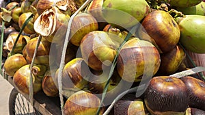 Street Vendor selling ripe palm and green coconut on a van at street in summer.