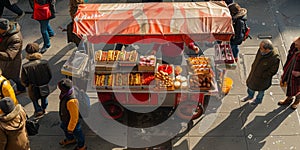 A street vendor stands beside a food truck, serving up delicious dishes to passersby on a bustling road photo