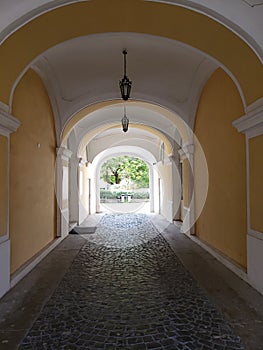 Street view through the arch in Uzhhorod town, Ukraine