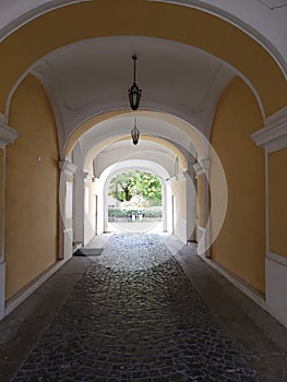 Street view through the arch in Uzhhorod town, Ukraine