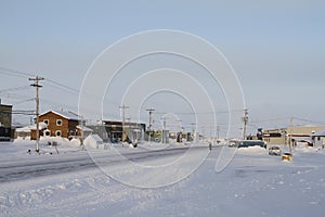 Street view of an arctic community and neighbourhood, located in Arviat