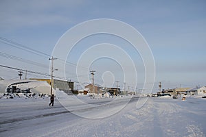 Street view of an arctic community and neighbourhood, located in Arviat