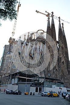 Street View of The Basilica and Expiatory Church of the Holy Family in Barcelona, Spain
