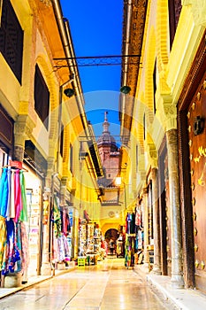 Street view with Cathedral of the Incarnation main tower, Granada,Andalusia, Spain