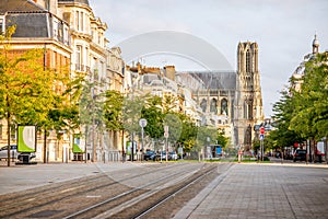 Street view with cathedral in Reims city, France