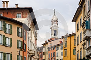 Street view with colorful houses in Bergamo, Lombardia