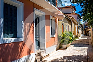 Street view with colorful old houses in Greece
