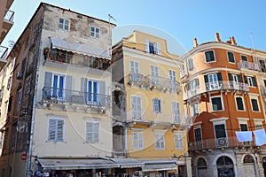 Street view of Corfu, capital of Corfu island, Greece. View of Kerkyra with beautiful buildings during summer sunny day