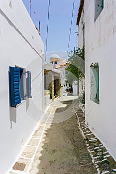 Street view in Driopis Driopida, the traditional village of cycladic island Kythnos in Greece