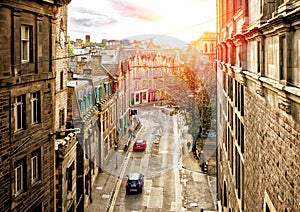 Street view of Edinburgh in sunset