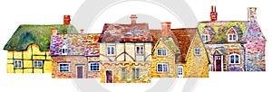 Street view with English village buildings in row. Watercolor old stone europe houses. Hand drawn illustration