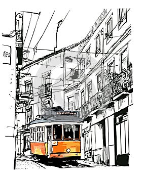 Street view with famous old tram in Lisbon city, Portugal