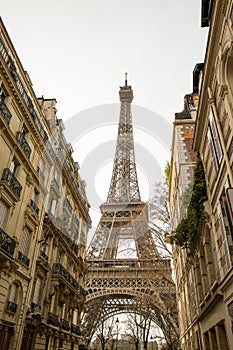 Street with view on the famous paris eiffel tower