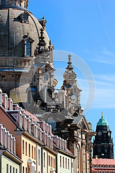 Street view of Frauenkirche, the most famous architectural monument of Dresden, Germany