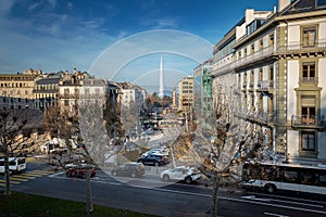 Street view of Geneva with Jet Dâ€™eau Water Fountain on background - Geneva, Switzerland