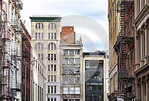 Street view of historic buildings on Broadway in the Tribeca neighborhood of Manhattan in New York City