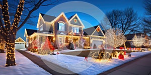 Street view of homes adorned with vibrant christmas lights and decorations , concept of Decorated houses