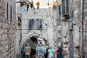 Street view of Lion`s gate street of Muslim quarter in the old city of Jerusalem, Israel
