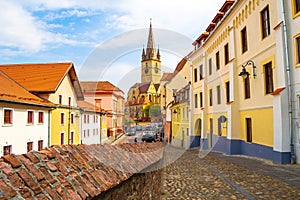 Street view of Lutheran Cathedral of Saint Mary Catedrala Evanghelica C.A. Sfanta Maria in Sibiu, Romania.