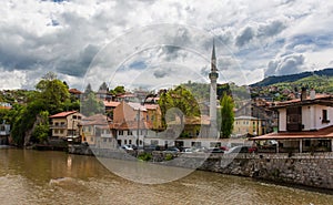 Street view of the Miriac River in Sarajevo, Bosnia and Herzegovina, city landscape under cloudy