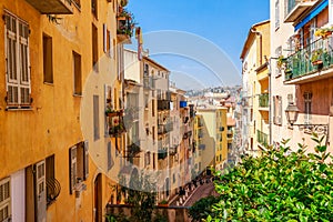 Street view of Nice, Cote d'Azur, France, South Europe. Beautiful city and luxury resort of French riviera. Famous tourist