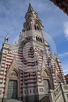 Oblique angle view of Gothic-style church, Bogota, Colombia