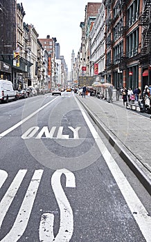 Street view of the old buildings in lower manhattan.