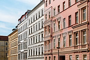 Street  view of  old , renovated  buildings, colorful house facade , Berlin