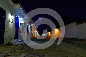 Street view of Paraty at night.