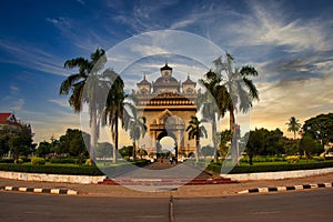 Street view of Patuxay park or Monument at Vientiane, Laos. Patuxay monument, capital city of Laos.