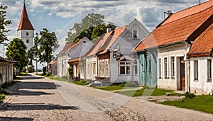 Street view of resort town Haapsalu with typical wooden houses, Estonia