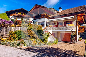 Street view of Santa Maddalena (Santa Magdalena) village, Val di Funes valley, Trentino Alto Adige region, South Tyrol, Italy,