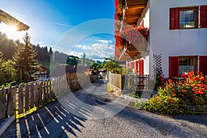 Street view of Santa Maddalena (Santa Magdalena) village, Val di Funes valley, Trentino Alto Adige region, South Tyrol, Italy,