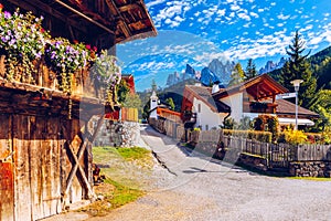 Street view of Santa Maddalena Santa Magdalena village, Val di Funes valley, Trentino Alto Adige region, South Tyrol, Italy,