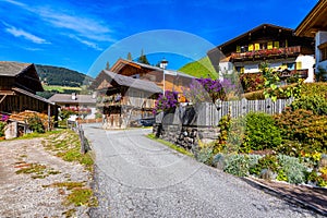 Street view of Santa Maddalena (Santa Magdalena) village, Val di Funes valley, Trentino Alto Adige region, South Tyrol, Italy,