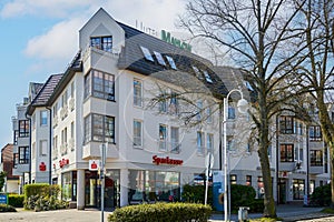 Street view with shops in a small town south of Berlin