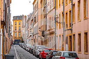 Street view and typical french buildings in Metz, France