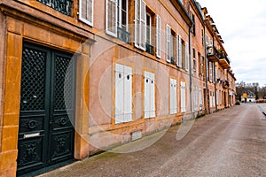 Street view and typical french buildings in Metz, France